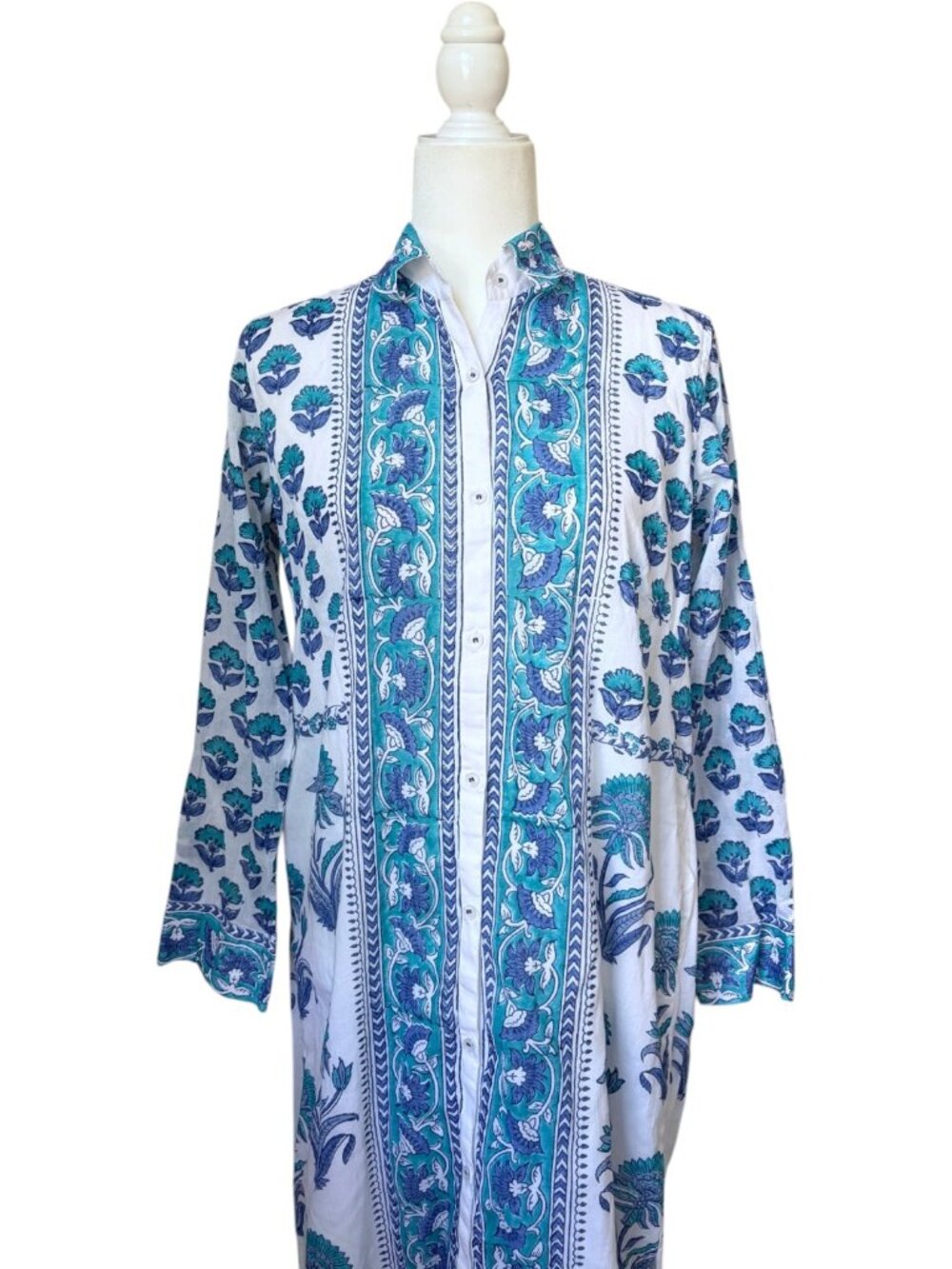 Bella Tu Aster Shirtdress Maxi Blue Floral Cotton Long Sleeve Modest Size Small - Picture 2 of 8